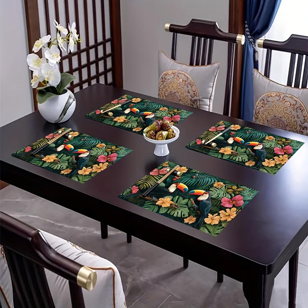 4pcs, Tropical Placemats Set Of 4 Toucan Bird Hibiscus Flower Print Washable Table Mats For Dining Kitchen Decor
