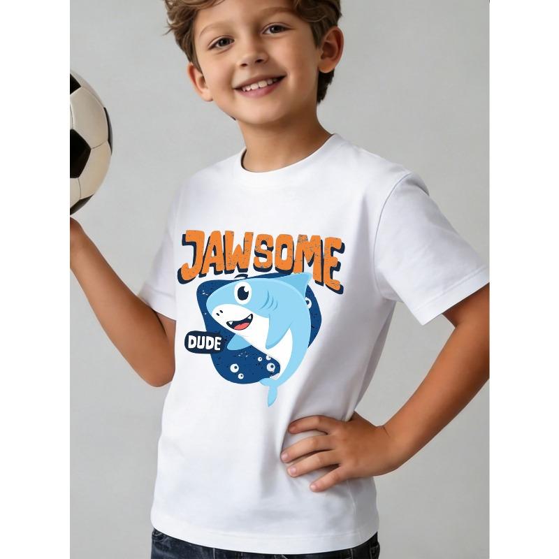 Boys Cartoon Shark & Letter Creative Graphic Crewneck Short Sleeve T-Shirt 110
