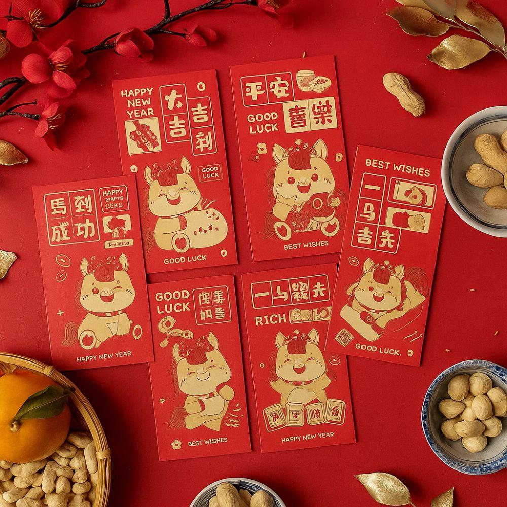 6pcs Gold Stamping 2026 New Year Red Envelope Blessing Lucky Red Pocket Festival Decoration