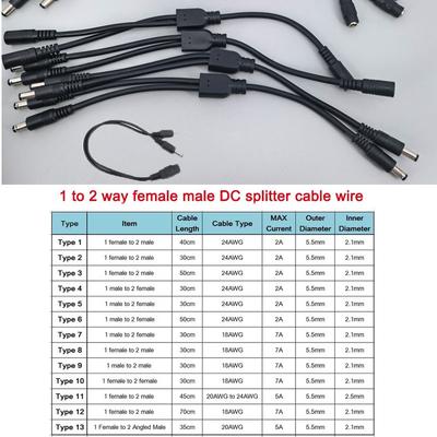 13 Types 12v DC Male Female Power Supply Splitter Adapter To 2 Way Dual Male Female Cable Plug 5.5*2.1mm 2.5mm 22awg 18awg Wire