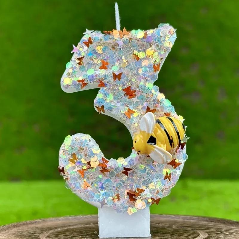 Little Bee Theme Birthday Number Candles Theme Birthday Candles for Cake Numeral Candle Cake Topper with Sequins for Birthday