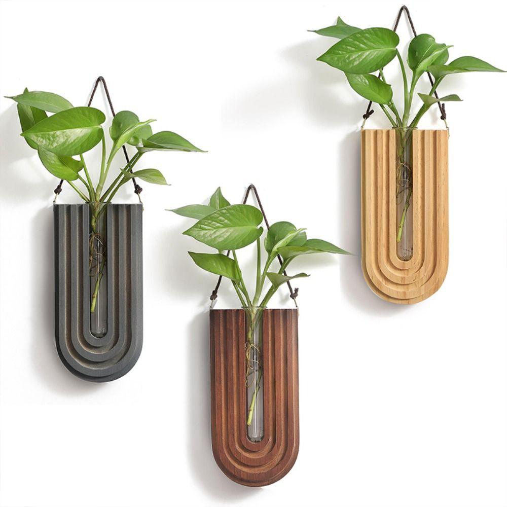 Pastoral Stable Wall-mounted Hydroponic Vase Handmade Durable Wood Frame Vase Craft Plant Holder Pendant Living Room