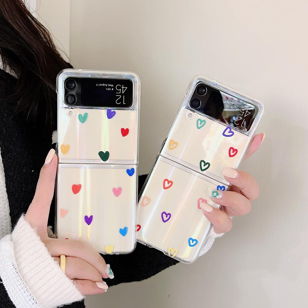 Pro pouzdro Samsung Galaxy Z Flip 3 Korejské Barevné Srdce Pro Samsung Z Flip 4 Zflip4 Luxusní Pevný PC Průhledný Kryt S Laserovou Jamkou