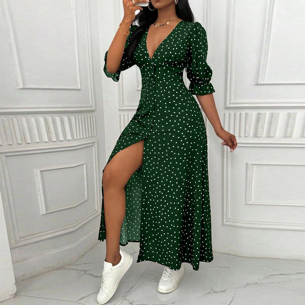 Women’s Polka Dot Deep V Neck Fitted Waist Ruffle Hem Split Dress for Casual and Formal Occasions