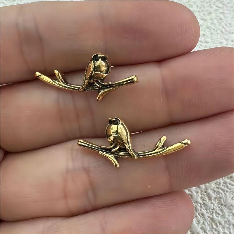 European & American Retro Bird Branch Jewelry Set: Drip Oil Earrings, Ring & Necklace