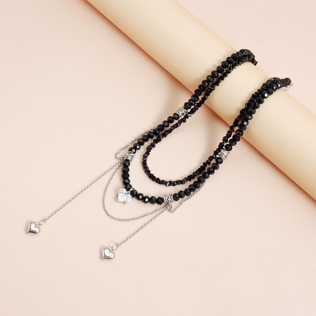 Love Zircon Double Chain Tassel Design Collar Chain - Crystal Necklace For Women