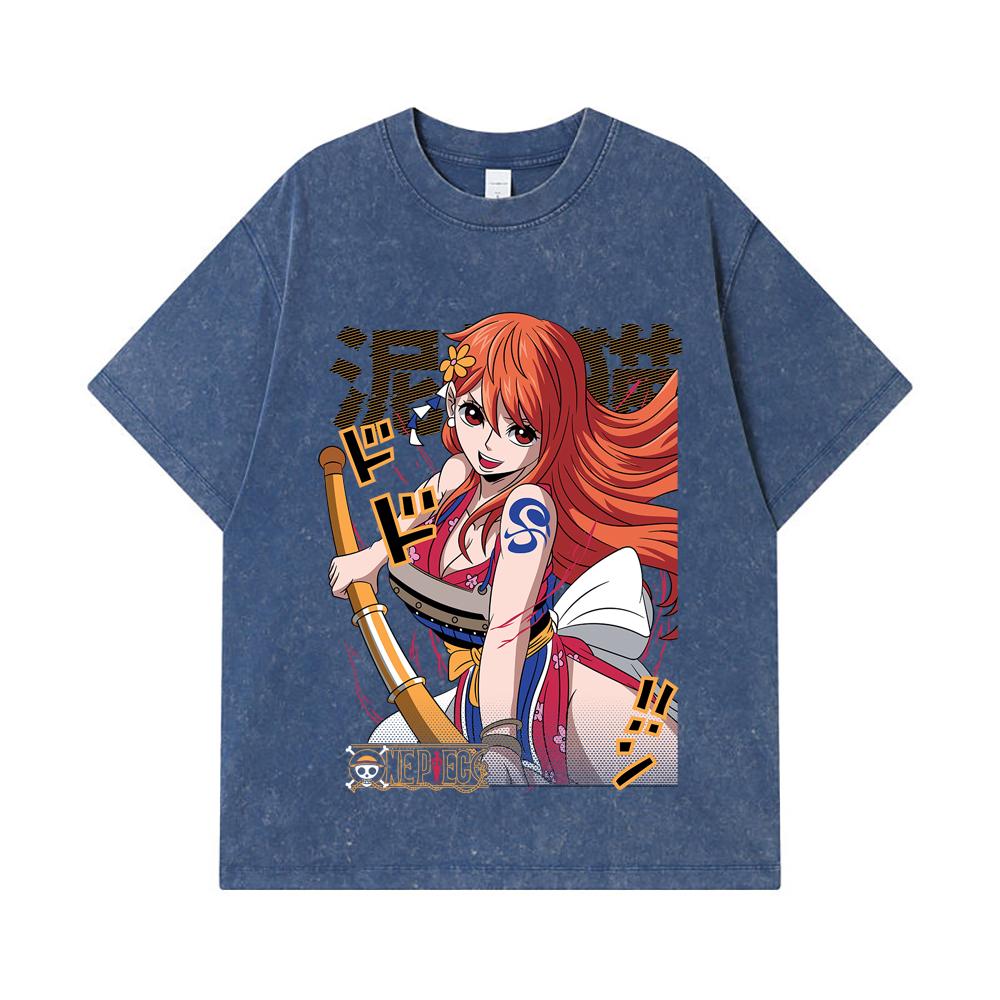 275 GSM Washed T-shirts 100% Cotton One Piece V41 Nami Print Unisex Heavy Cotton T Shirt