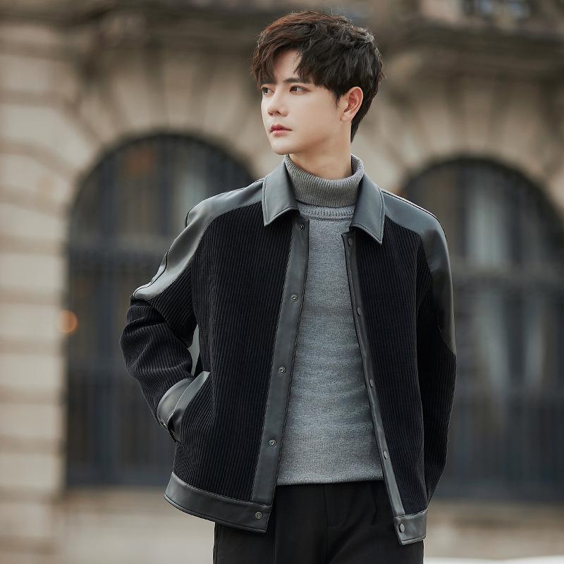 

Мужская куртка куртка новая весенне-осенняя деловая повседневная рабочая с кожаными вставками мужская одежда 3XL чёрный