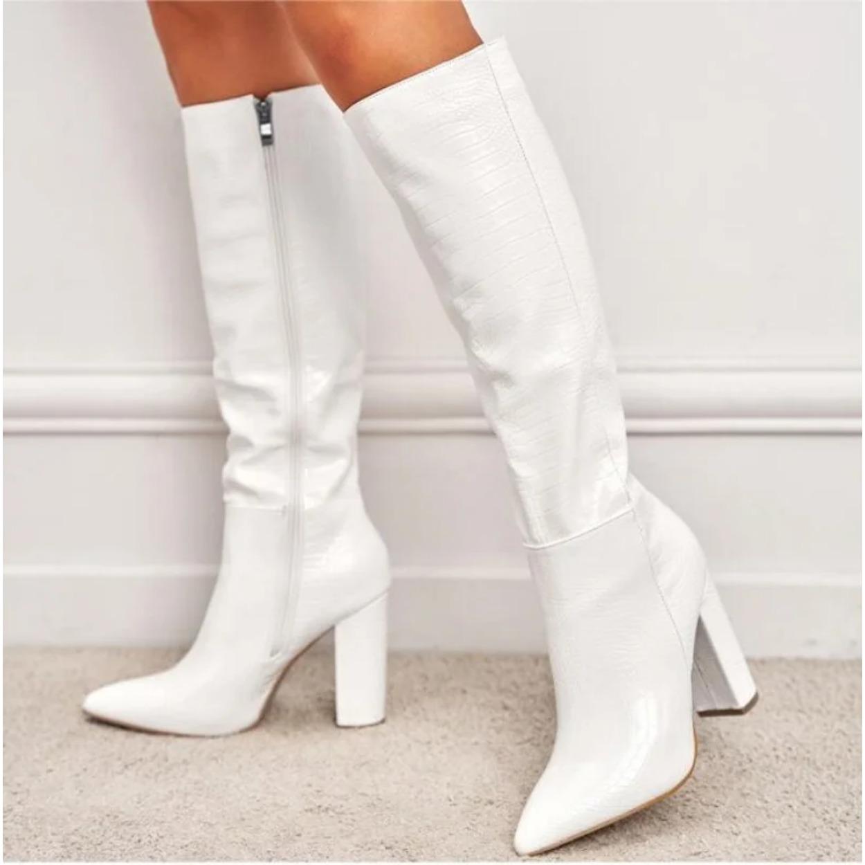 

Женские остроносые ботфорты до колена на толстом каблуке, женские 2025 весна/осень, лакированная кожа, панель с узором крокодила, боковая молния 35 белый