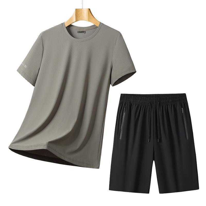 

2025 Men s Quick-Dry Ice Silk Short-Sleeve T-Shirt & Sports Shorts Set 6XL