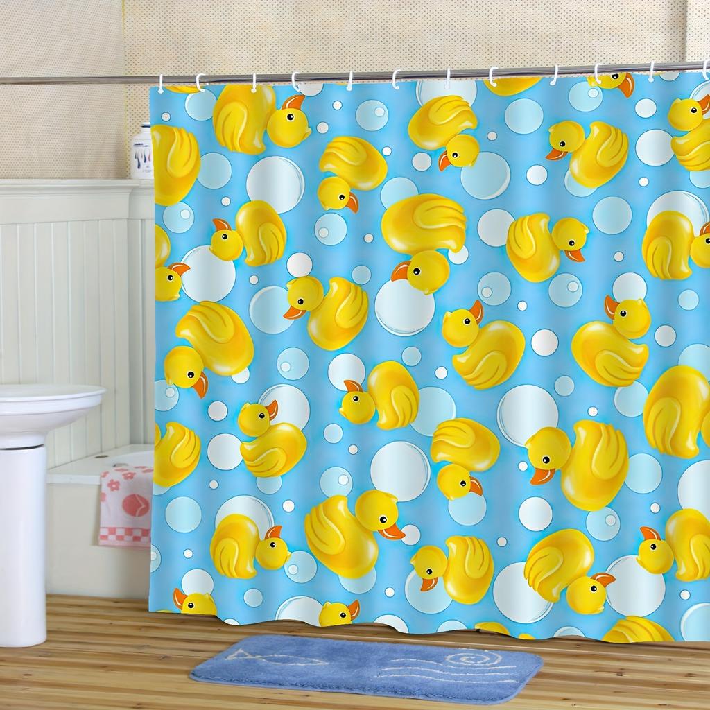 1 Stück Duschvorhang - Niedliche gelbe Gummienten und Blasen auf hellem blauem Hintergrund Design Wasserdicht