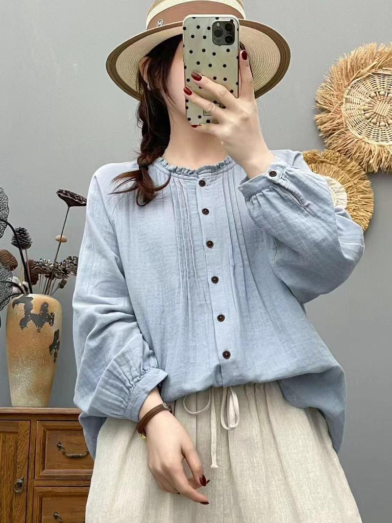 2026 Spring Artistic Pleated Button-Up Cotton Gauze Shirt - Women's Casual Long-Sleeve Top