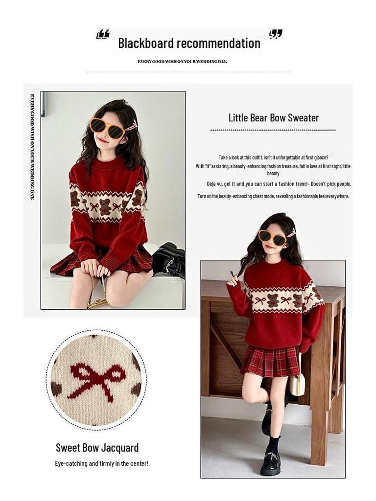 Girls' Red Round Neck Sweater - Autumn/Winter 2025 Knitwear for Big Kids, Perfect for Christmas & New Year