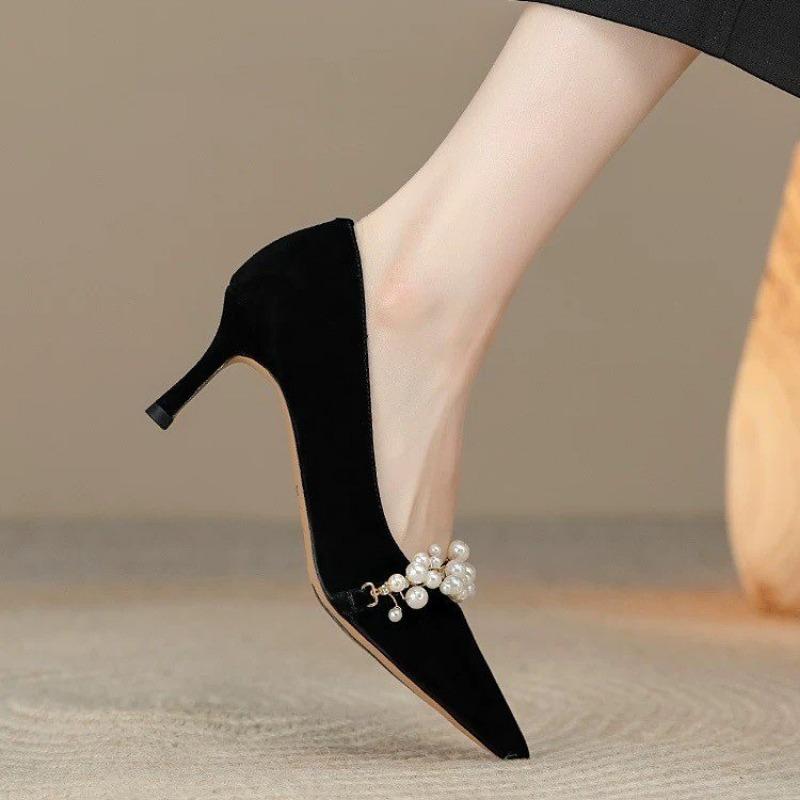 Fashion Spring New Thin Heel Single Shoes Women's Fashion Pointed Suede Beaded Anti-slip Wear-resistant High Heels