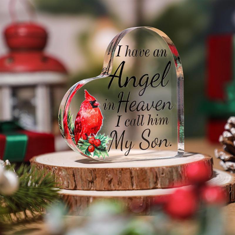 2D Flat "Angel in Heaven" Memorial Acrylic Heart Desk Decor Plaque, Red Cardinal Design, Suitable for Wall Decoration, Porch, Room, Villa, Accents Hom