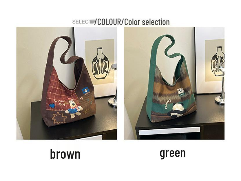 Plaid Canvas Tote Bag: Cute Cartoon Design, Large Capacity, Commuter-Friendly Shoulder Bag for Women