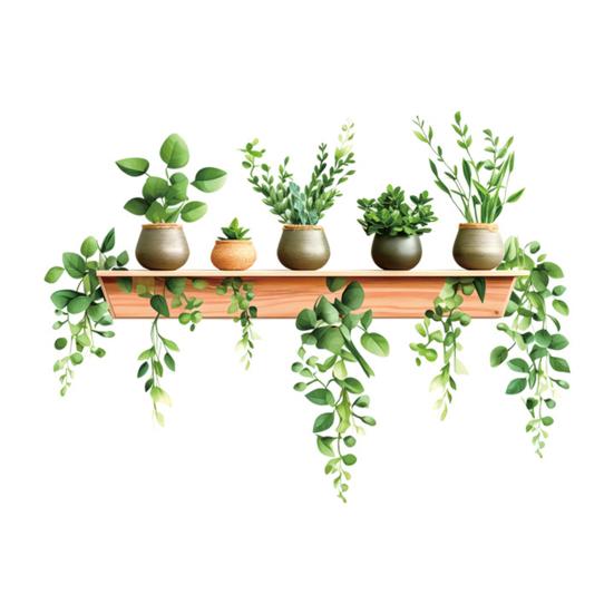 Potted Green Plant Shelf Wall Decal Tropical Plants Green Leaves Wall Stickers Removable Wall Art Murals for Living Room Bedroom Kitchen Office