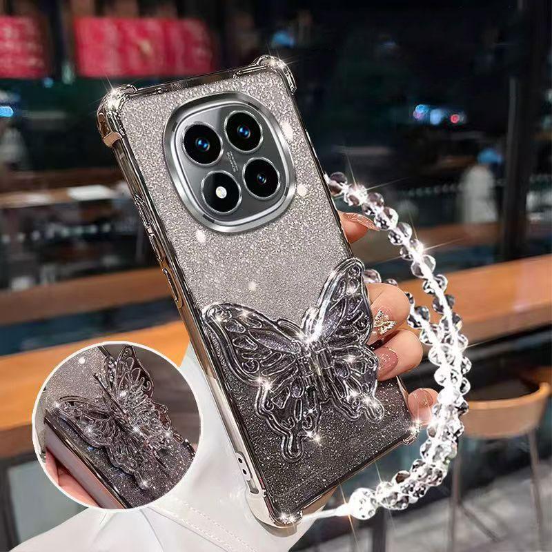 Shockproof Glitter Plating Case for Xiaomi Redmi Note 14 Pro Plus 14S 14C 4G 5G Butterfly Phone Holder Bead bracelet Back Cover