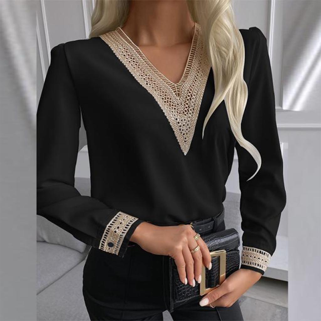 Women's Casual Fashion Solid Color Lace Long Sleeve V-neck Top