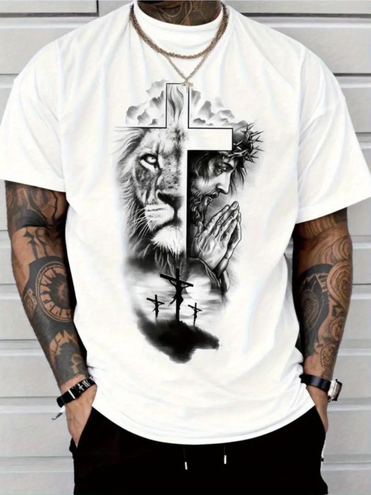 Lion of Judah and Jesus Crown of Thorns Graphic Tee - Christian Faith T-Shirt S