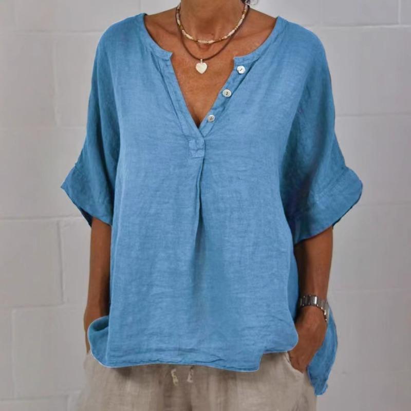 Spring New Women's Casual Mid Sleeved Cotton Linen Solid Color Shirt