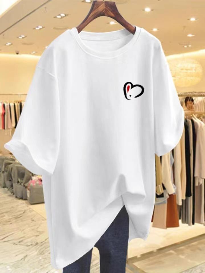 

Тяжелая футболка с коротким рукавом женская лето 2025 новая женская одежда любовь круглый вырез трендовый топ внутри и снаружи белый летний M белый