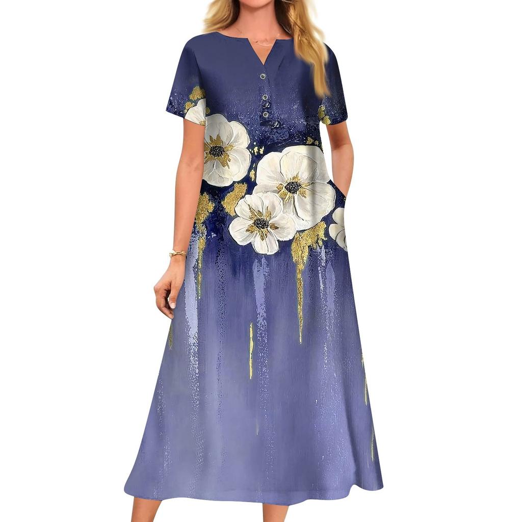 Women's Summer Casual Printed V-Neck Short-Sleeve Swing Dress