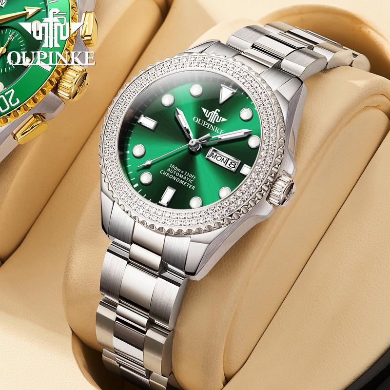 OUPINKE Brand Small Green Watch Light Luxury Diamond Set Fashion Trend Luminous Machine Watch Women Watch Women
