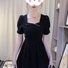 French style summer black square neck bubble sleeve dress women's large size temperament high waist A-shaped dress medium and long