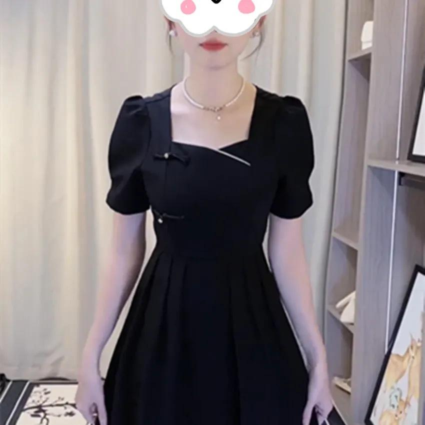 French style summer black square neck bubble sleeve dress women's large size temperament high waist A-shaped dress medium and long