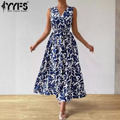 Kadın Moda Yaz Bahar Çiçek Desen Baskı Kolsuz V Yaka Yüksek Bel Günlük Elbiseler