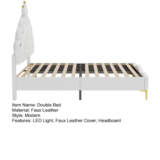 Princess Bed 140x200cm Flat Double Bed Crown-Shaped Soft Upholstery Made of Faux Leather Adjustable LED Ambient Light Strip White