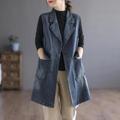Yazlık Retro Orta Boy Denim Yelek Ceket Kadın Bol Büyük Beden Yelek