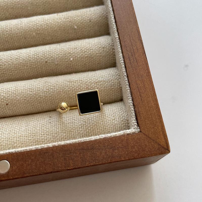 Women's Black Drip Glaze Geometric Ring, Gold Wide Edge, Adjustable Open Design, Hip Hop Style