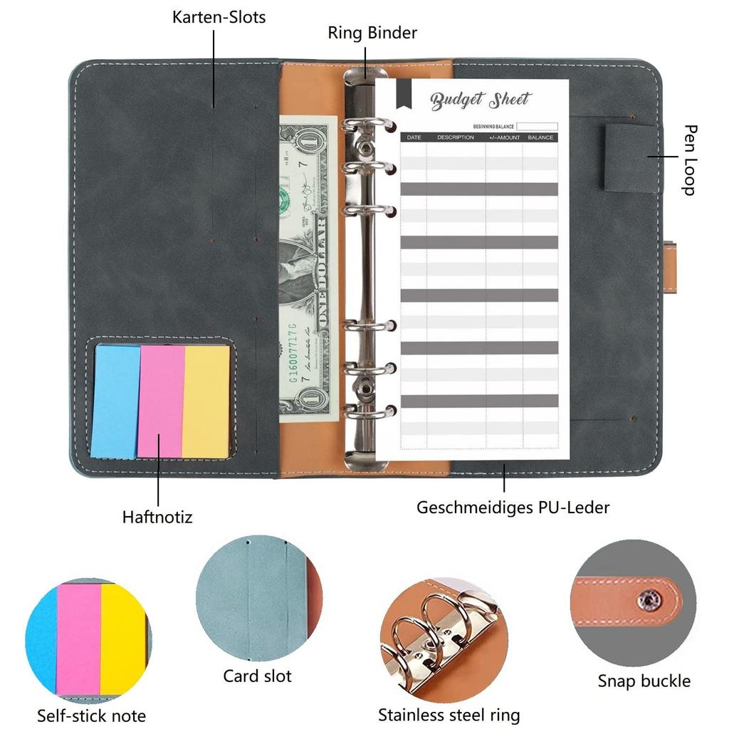 A6 Ring Binder Budget Planner 6 Holes Loose Leaf Notebook with Binder Pockets Money Envelopes Budget Sheets Label Stickers Notebook Ring Binder