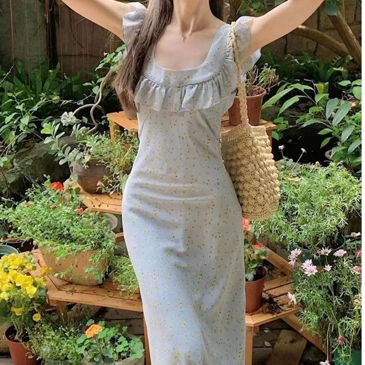Coffee Break French Floral Dress Children's Summer New Yellow Flying Sleeves Waist Thin Temperament Suspender Dress