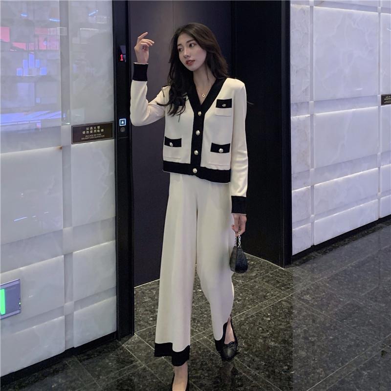 2024 Spring/Autumn Hepburn Style Women's Knit Cardigan & Wide-Leg Pants Set