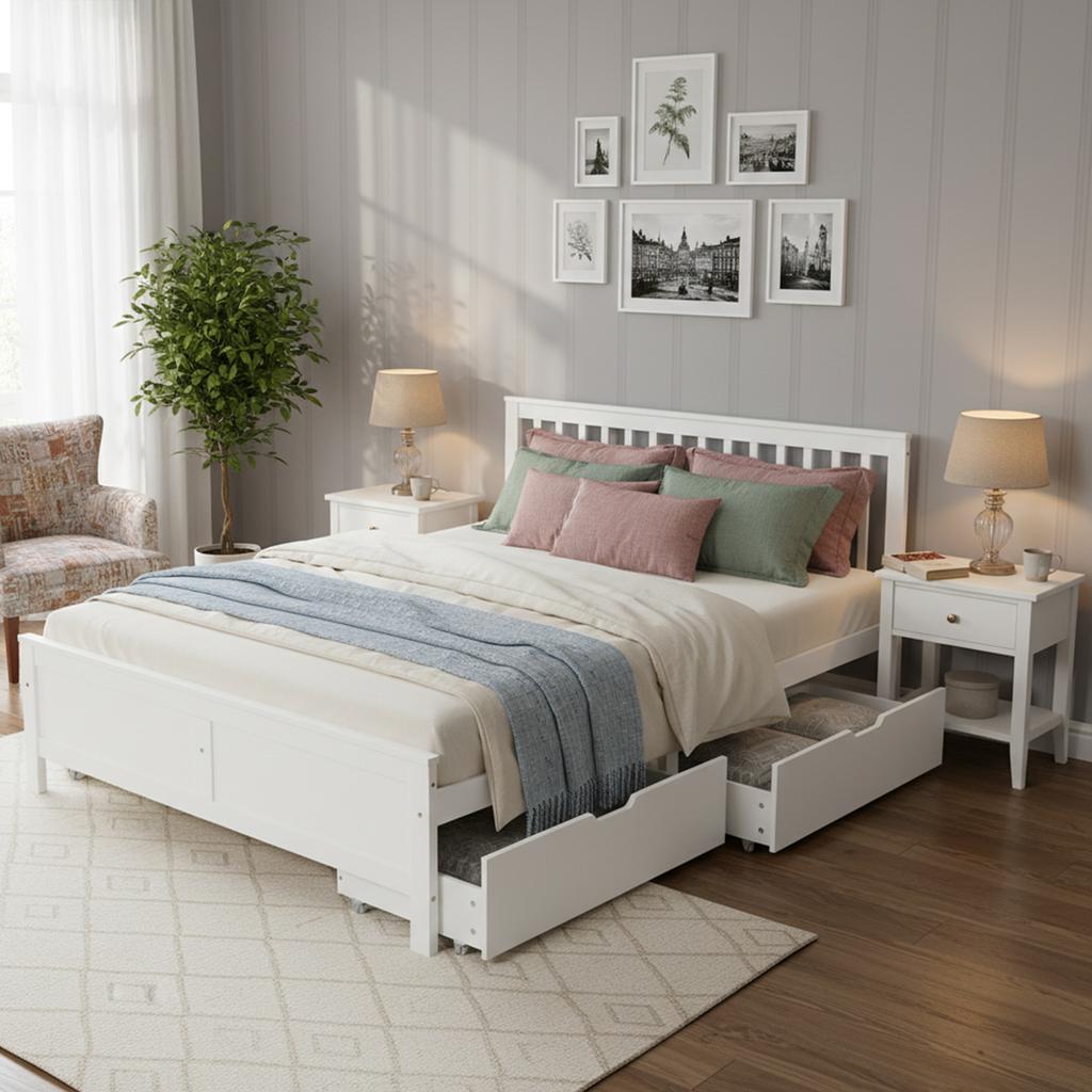 Wooden Bed, Double Bed, Youth Bed, Adult Bed, with Storage Drawers, Frame Made of Pine Wood, White (140x200cm)