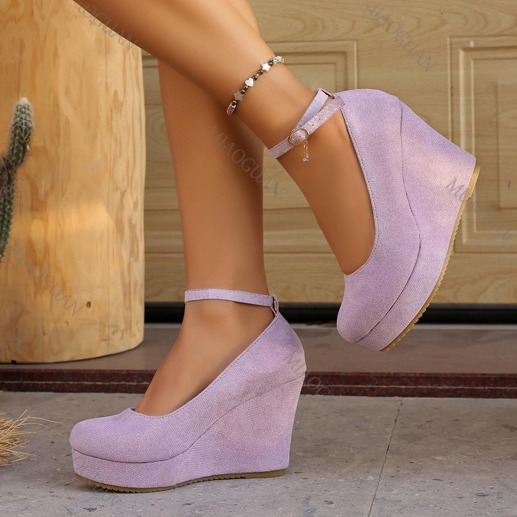 2026 Spring Autumn New Wedge Heels Pumps Fashion Round Toe Platform Suede Casual Women Shoes 10cm High Heels Solid Single Shoes
