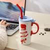 Cute Red Apple Tall Mug Ceramic Cup with Lid Girl Couple Milk Tea Cold Drink Straw Cup