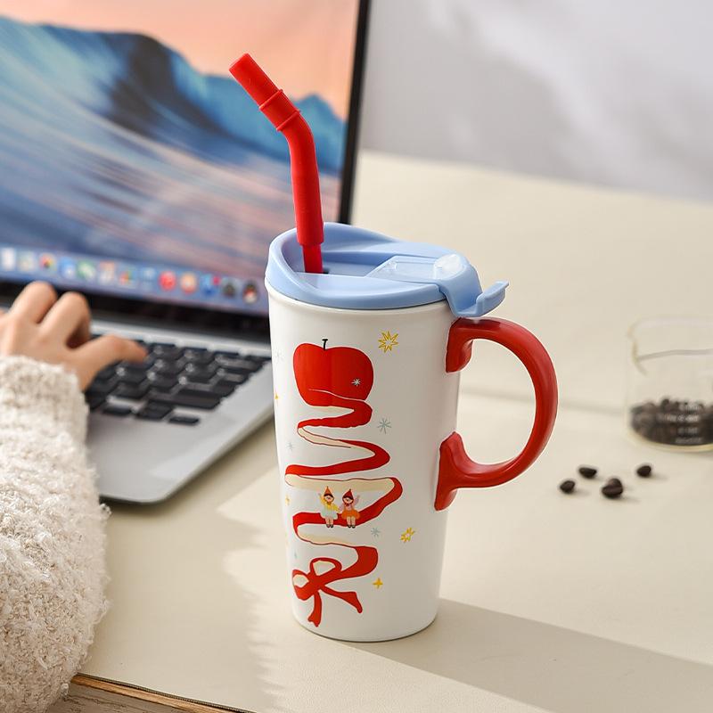 Cute Red Apple Tall Mug Ceramic Cup with Lid Girl Couple Milk Tea Cold Drink Straw Cup
