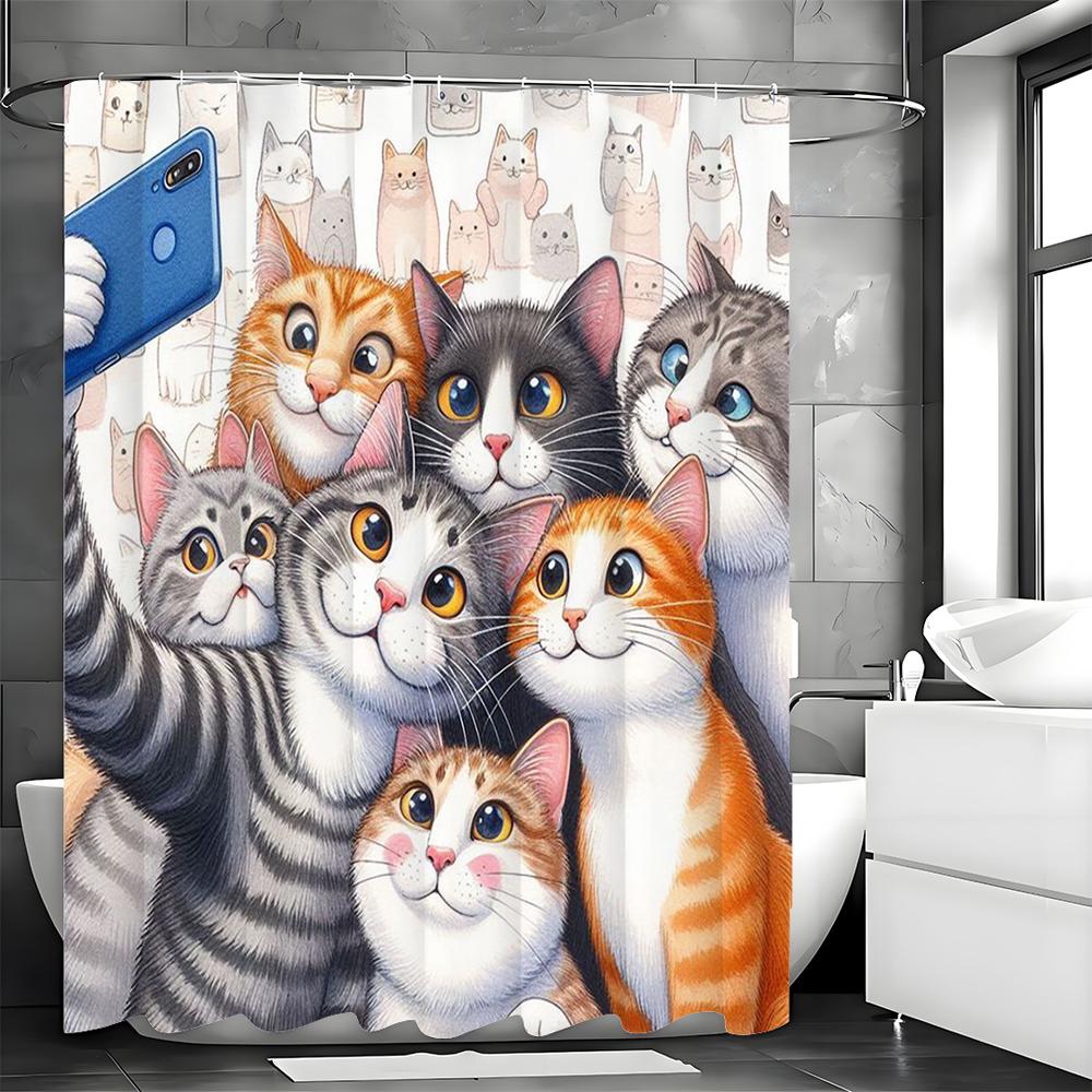 Cute Cartoon Cat Photo Shower Curtain, Bathroom Decorative Shower Curtain, Waterproof Shower Curtain with Hooks