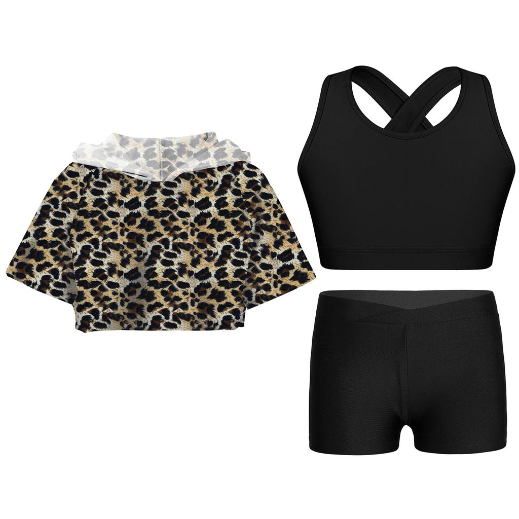 Kid Girls 3 Pieces Dance Outfit Gymnastics Hooded Crop Top Sleeveless Camisole and Shorts Set Tracksuit