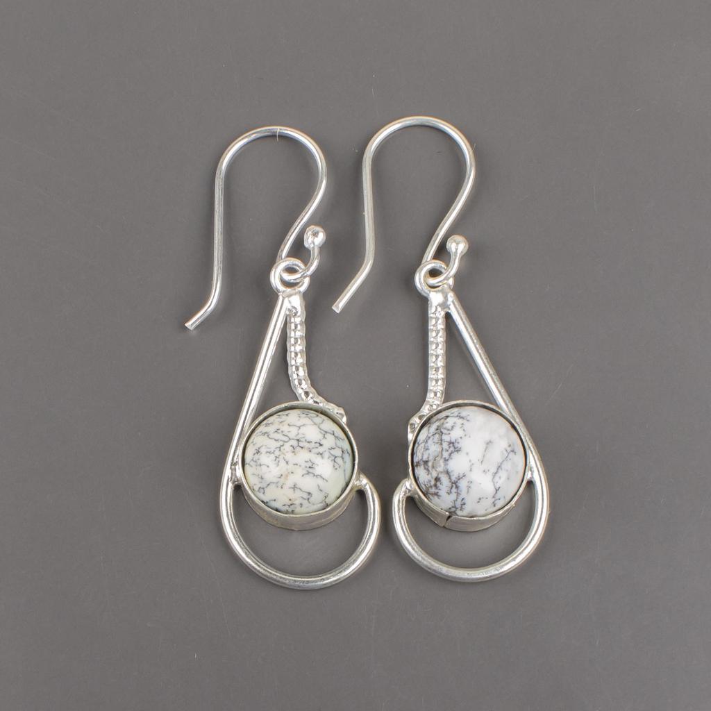Natural Dendritic Opal Gemstone 925 Sterling Silver Handmade Round-Cut Drop Earrings 1.90" Birthday Gift For Mom EE-57-24