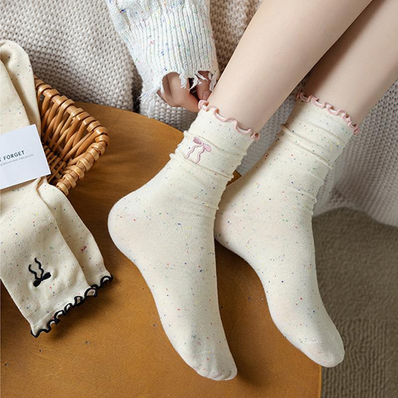 SCIONE Women's Pile Socks Solid Color Cotton Socks Spring and Autumn Yarn Stockings Cute Kapibala Series Ruffled Trim Embroidered Girl Socks