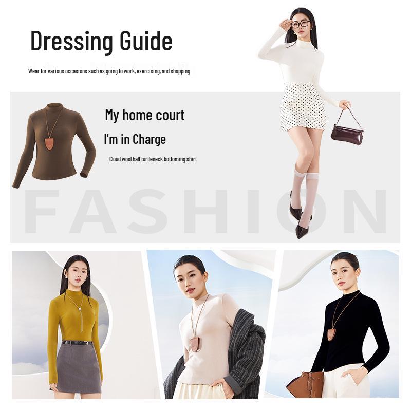 Autumn/Winter Tencel Wool Slim Fit Semi-High Neck Korean Style Warm Top
