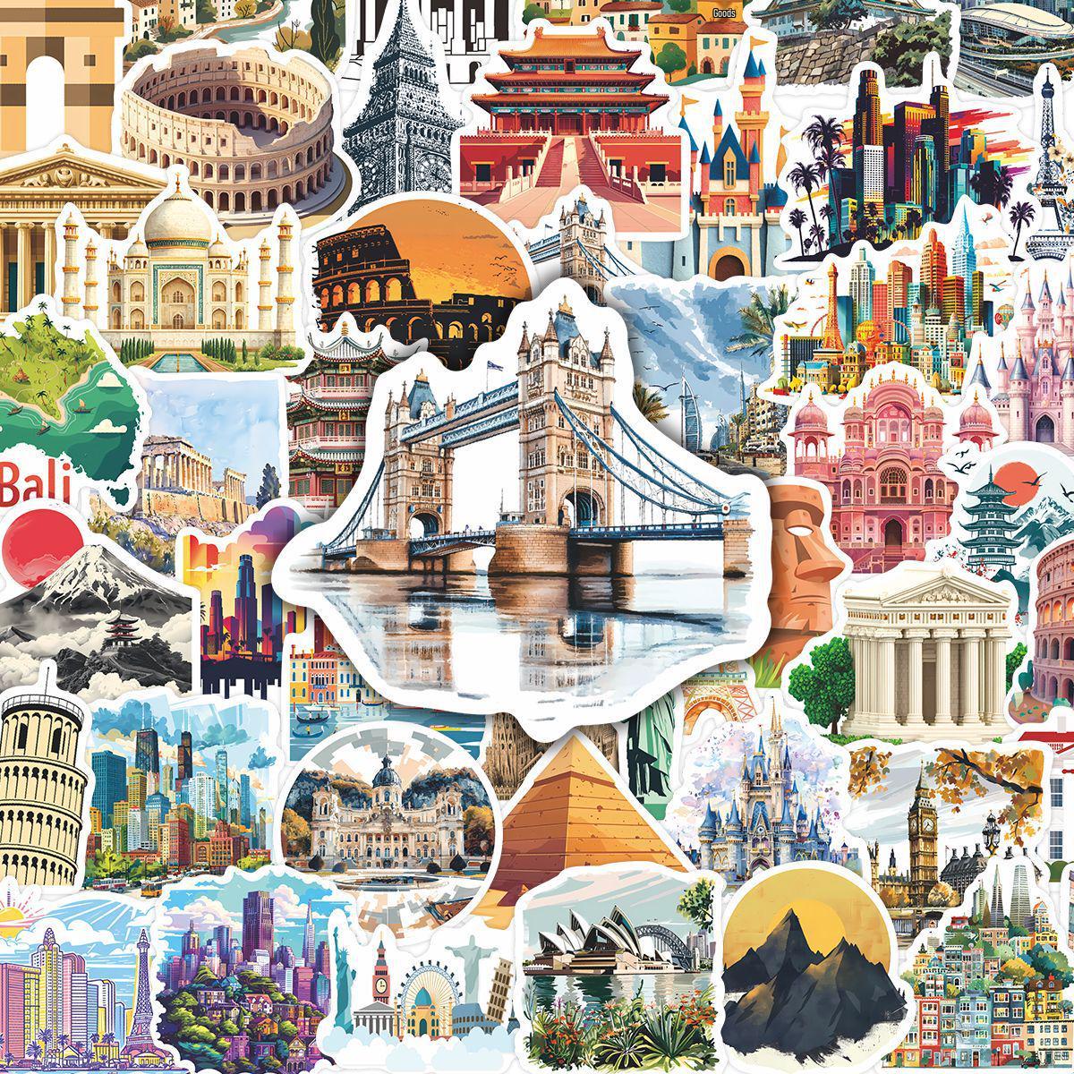 50 Sheets Creative Famous Landmark Building Stickers for Suitcases, Notebooks, and DIY Stationery. No