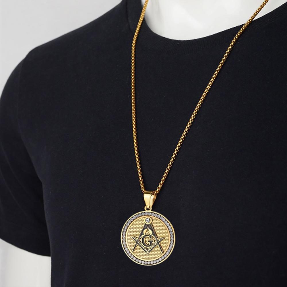 Punk Fashion Masonic Symbol Pendant Gold Color Stainless Steel CZ Mason Round Necklace for Men Vintage Jewelry Male Gift 2025