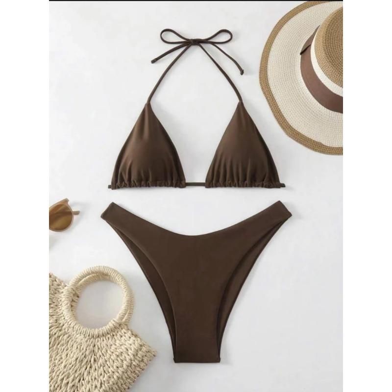 Damen String Bikini Sexy Einfarbig Weiß/Schwarz/Kaffee Neckholder Badeanzug zum Schnüren Brasilianischer Badeanzug 2025 Neu Doppellagiger Strandbekleidung