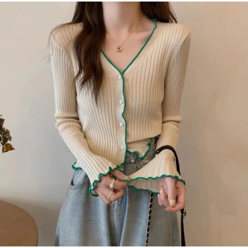 

Модный и свежий трикотажный свитер с V-образным вырезом, элегантная женская базовая рубашка, весенне-осенний новый кардиган с длинными рукавами и отделкой «деревянное ухо», базовый топ one size fits all